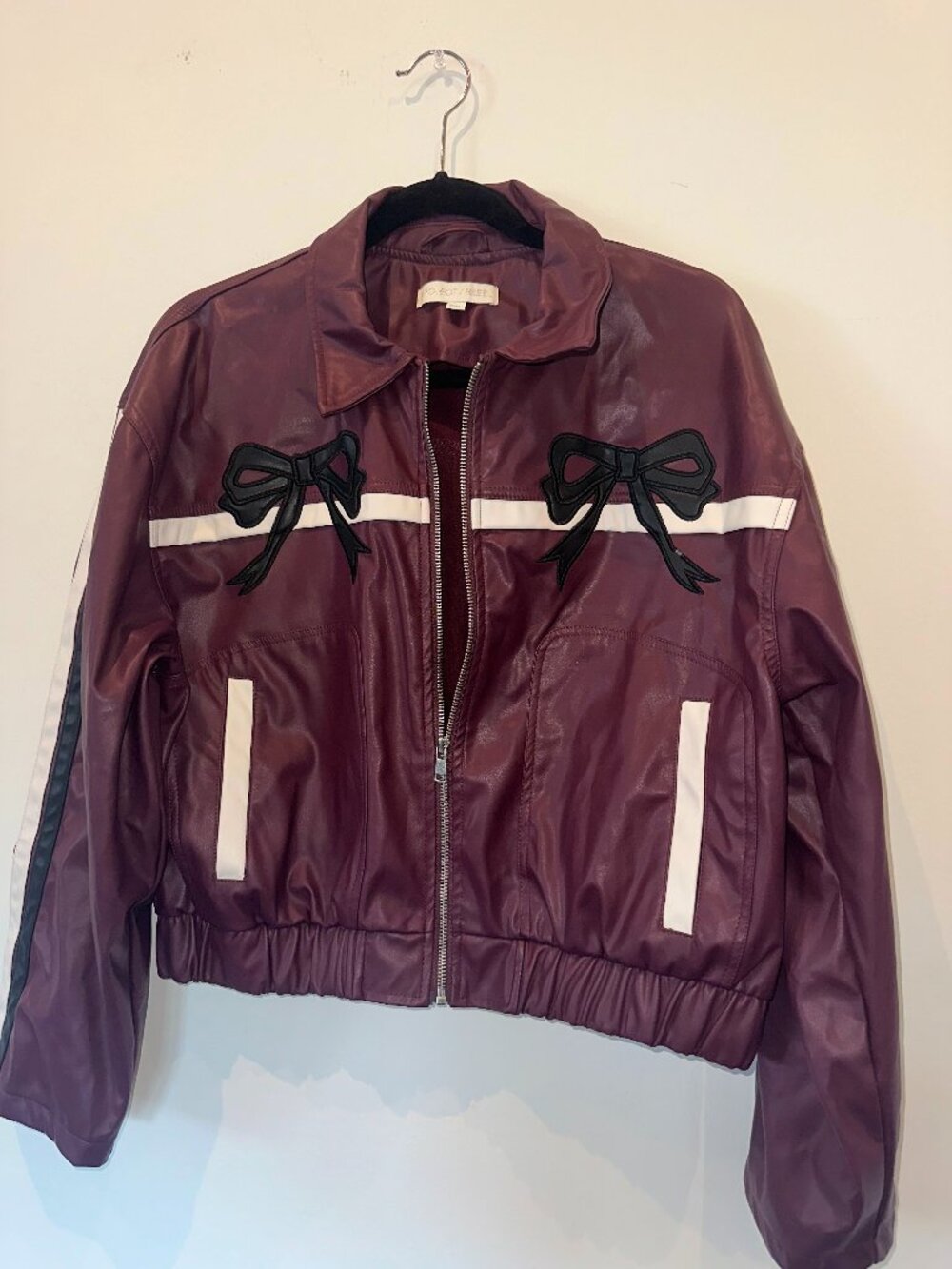 Project Rebel Burgundy Faux Leather Bow Zip Up Jacket